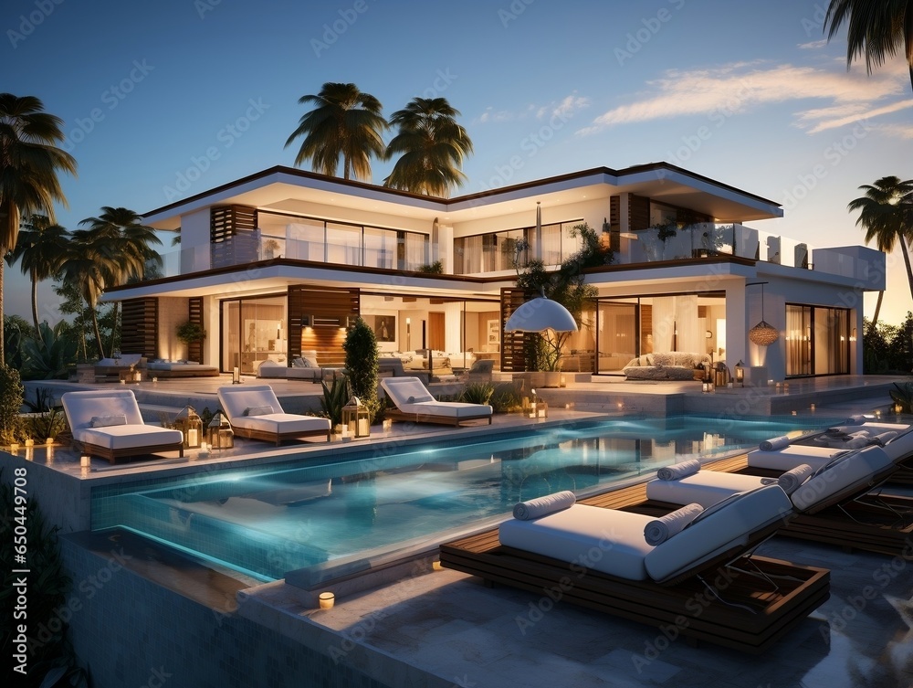 3D modern villa with a swimming pool and lounge area generative ai