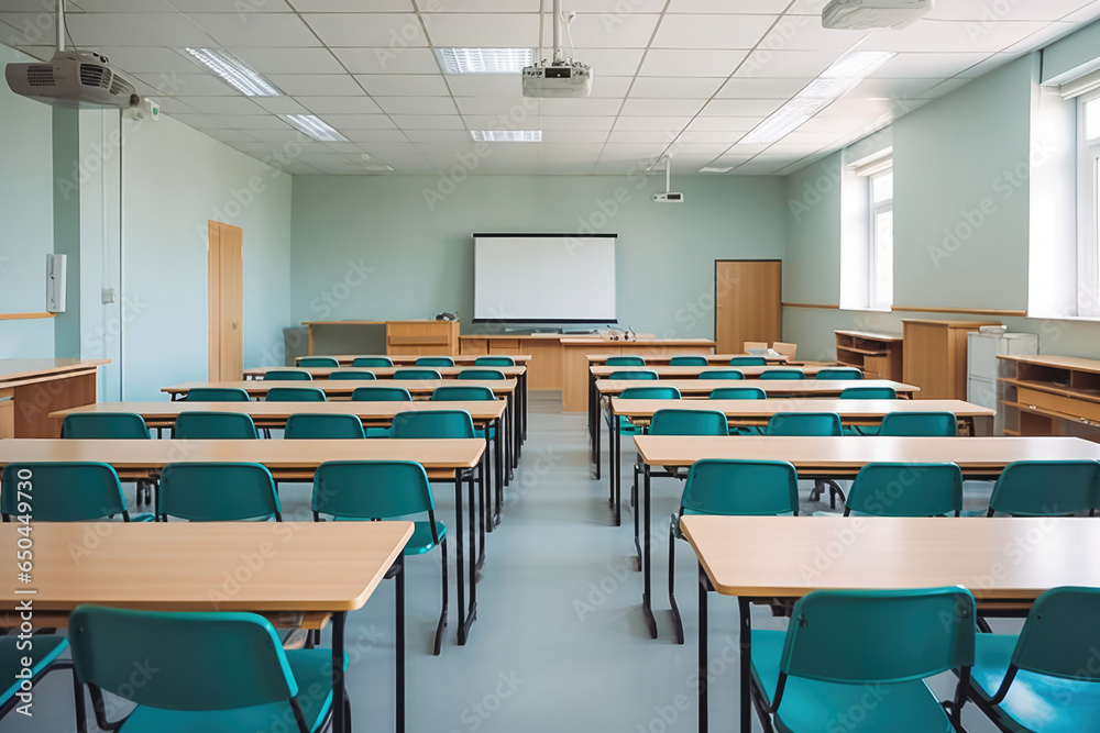 © VisualProduction - Shot of empty modern classroom ready for students to learn in it, back to school concept