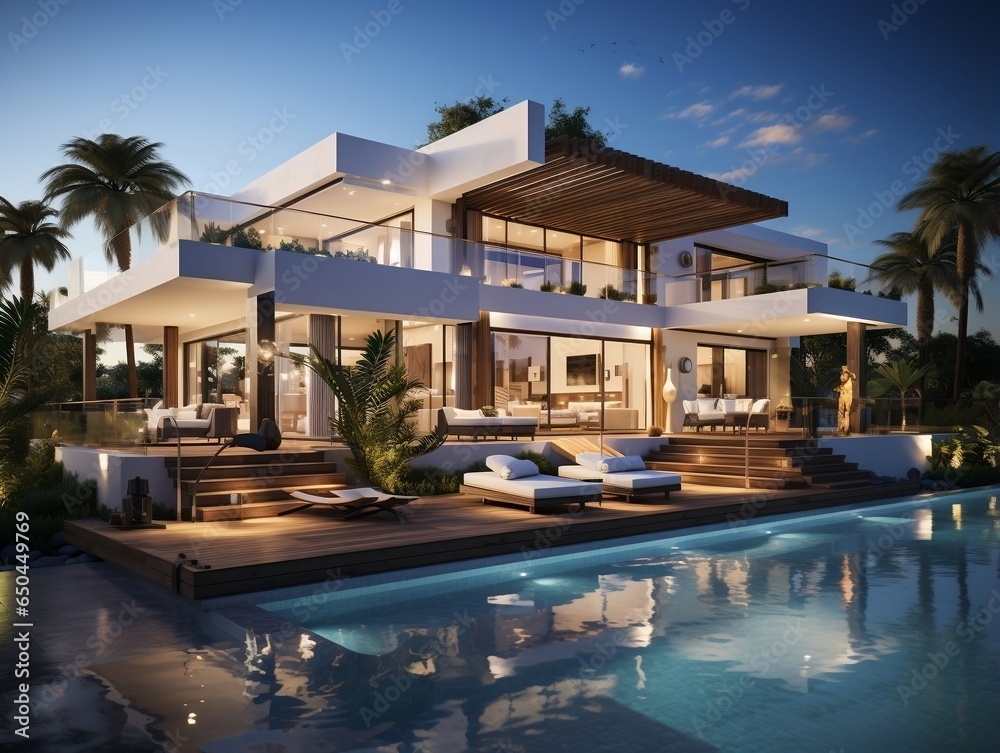 Fototapeta premium 3D modern villa with a swimming pool and lounge area generative ai