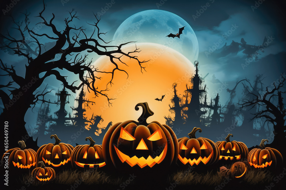 Illustration of halloween pumpkins in a spooky forest at night, halloween theme