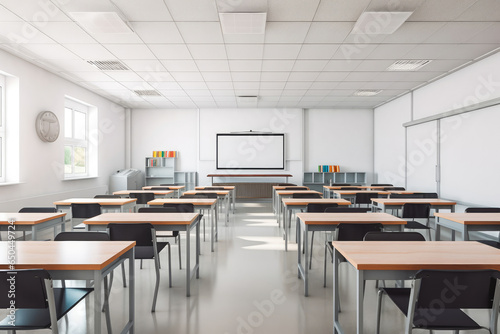 Shot of empty modern classroom ready for students to learn in it, back to school concept photo