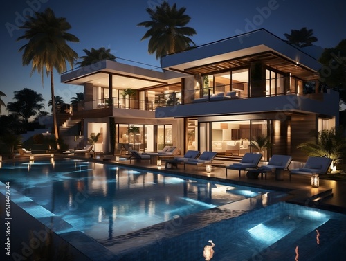 3D modern villa with a swimming pool and lounge area generative ai © tanjidvect