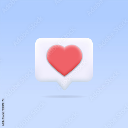 Heart in textbox, chat bubble icon. Design element for love, like, emotion in social media, network, marketing, app. 3d button for comment, feedback, flirting, romance, dialog, notification concept