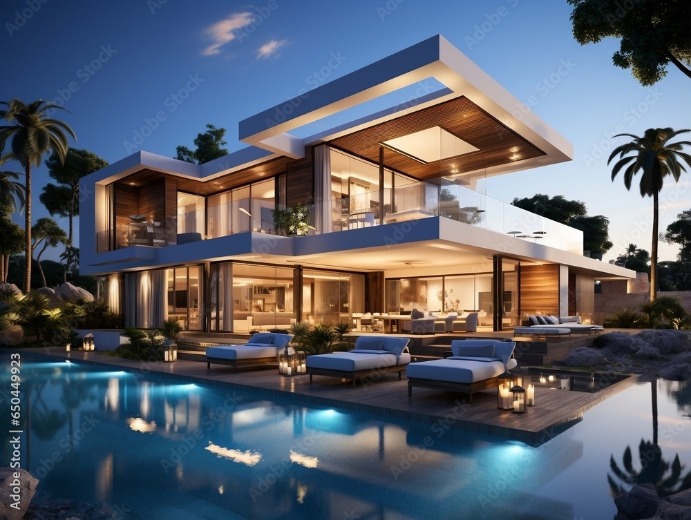 3D modern villa with a swimming pool and lounge area generative ai