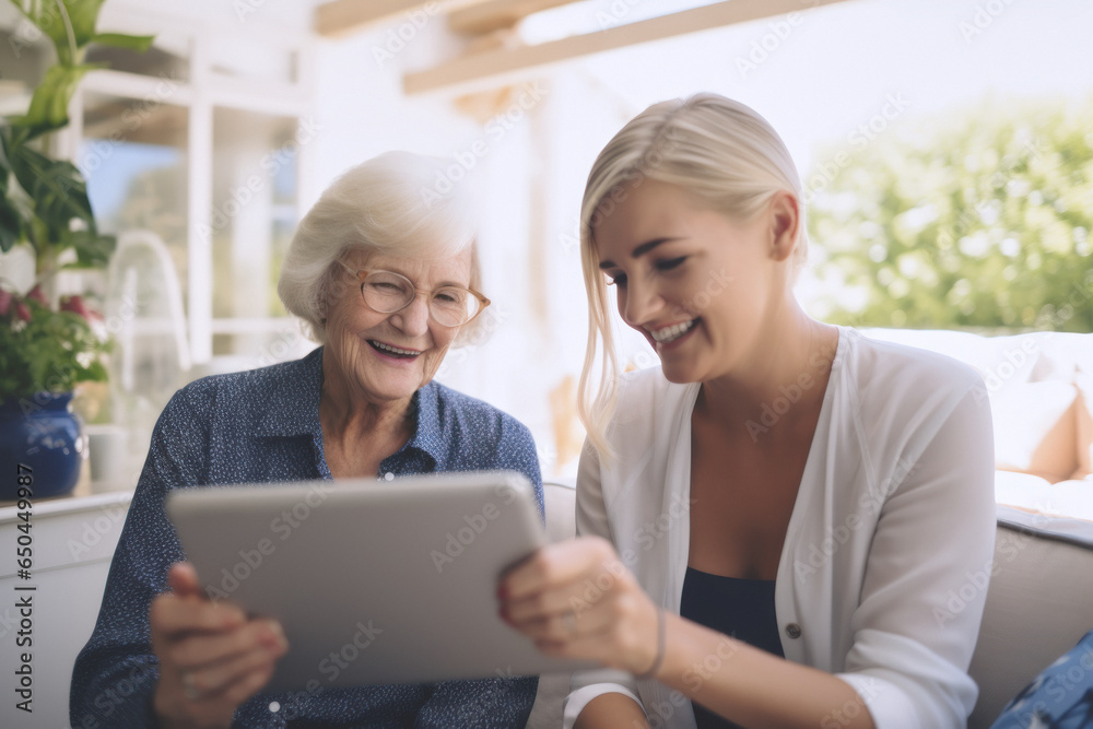 an adult daughter teaches her elderly mother how to use the tablet between laughter and learning, sharing some funny moments between them. technology in the aging concept. - obrazy, fototapety, plakaty 