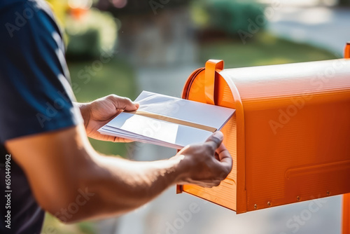 Post man delivering letters into the mail on a sunny day, delivery service photo