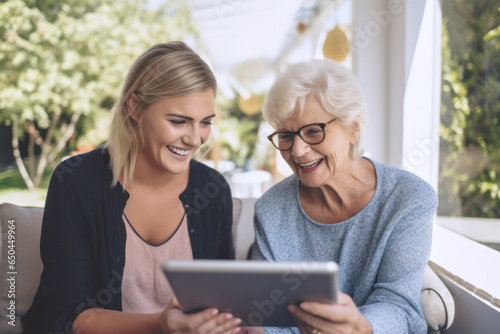A grandmother becomes emotional while reliving memories with her granddaughter by viewing images and videos of family members and loved ones through a tablet, taking a journey family's memory.