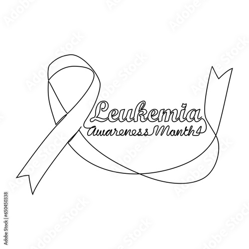 One continuous line drawing of leukemia awareness month with white background. Awareness ribbon design in simple linear style. healthcare and medical design concept vector illustration.