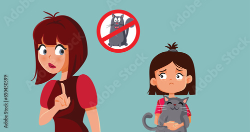 Mother Refusing Pet Adoption Saying no to her Daughter. Mom saying to her little girl adopting a stray kitten 
