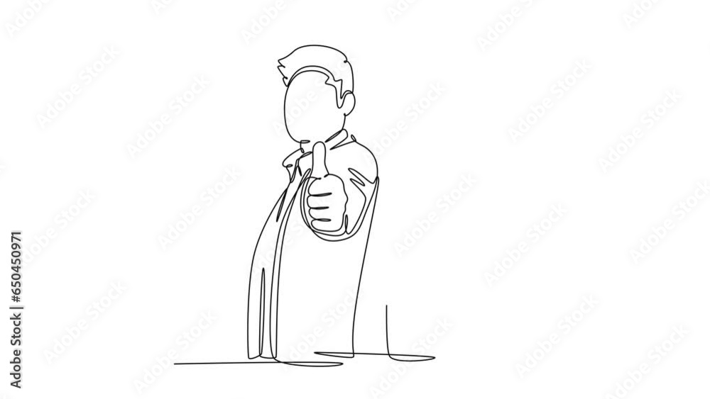 Animated self drawing of continuous line draw young happy couple businessman and businesswoman giving thumbs up gesture pose. Great business teamwork at office concept. Full length one line animation
