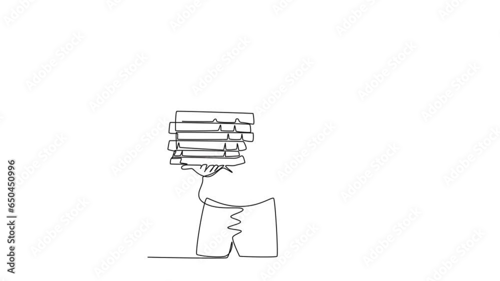 Animated self drawing of continuous line draw happy pizza delivery man gives thumbs up gesture before deliver package to customer. Food delivery service business. Full length single line animation