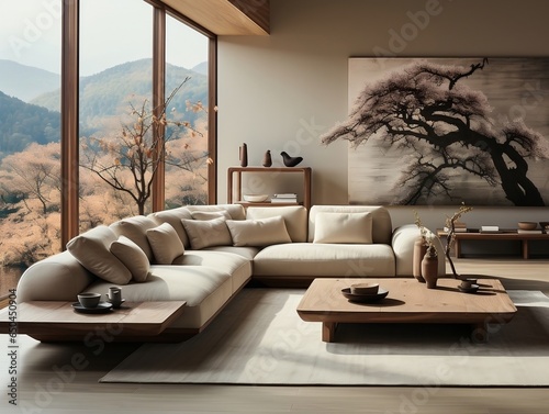 Modern living room with neutral furniture generative ai