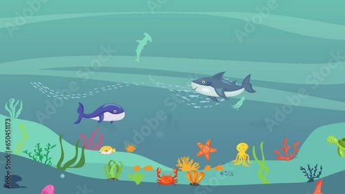 Underwater cartoon with fish, seaweed, coral, sea horse. Ocean sea life.