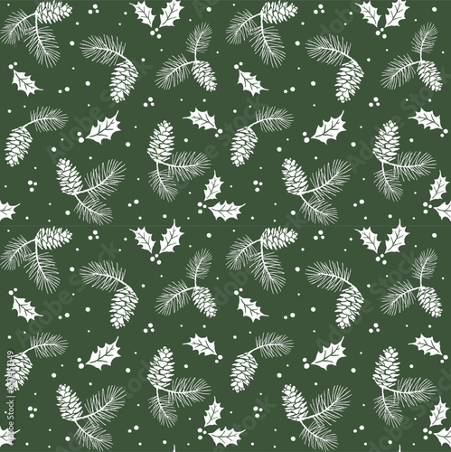 Seamless Pine Cone With Holly Leaves On Green Background