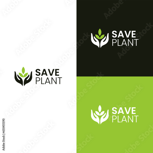 Both hands symbolize a gesture of saving plants. Modern and minimal is very suitable for environmental saving logos.
