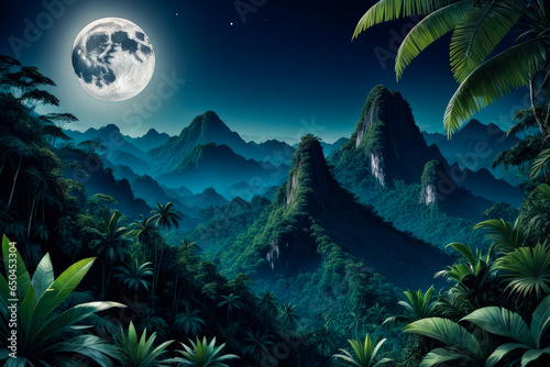 Tropical forest mountains landscape on full moon. Generative AI