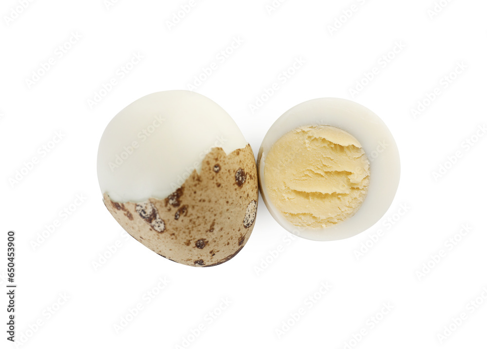 Peeled hard boiled quail egg and another one partly in shell on white background, top view