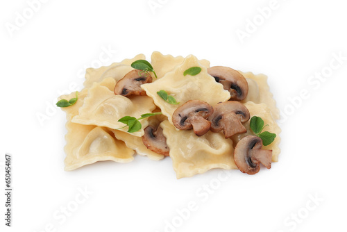 Delicious ravioli with mushrooms isolated on white