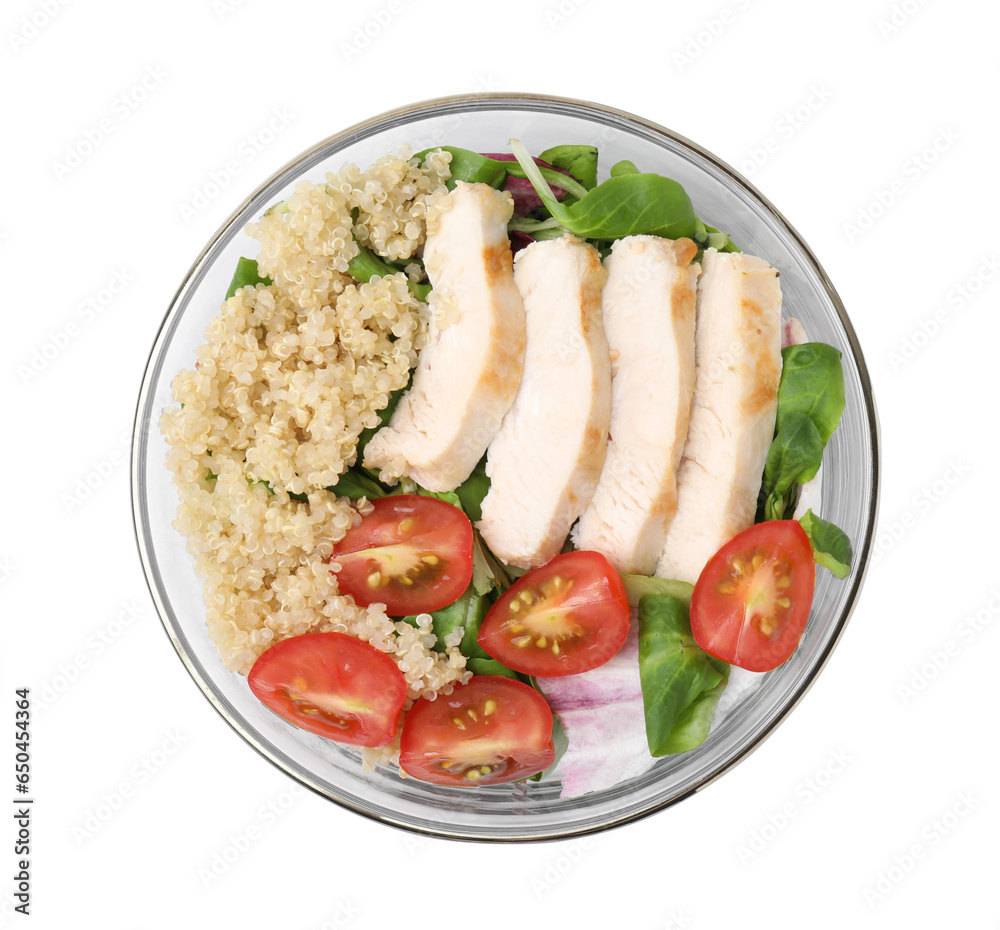 Delicious quinoa salad with chicken and cherry tomatoes in bowl isolated on white, top view Delicious quinoa salad with chicken and cherry tomatoes in bowl isolated on white, top view