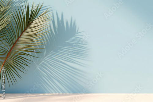 Beautiful blank light blue background with a palm tree element and to the left and a sharp shadow from it with space for your product  text or inscriptions.generative ai 