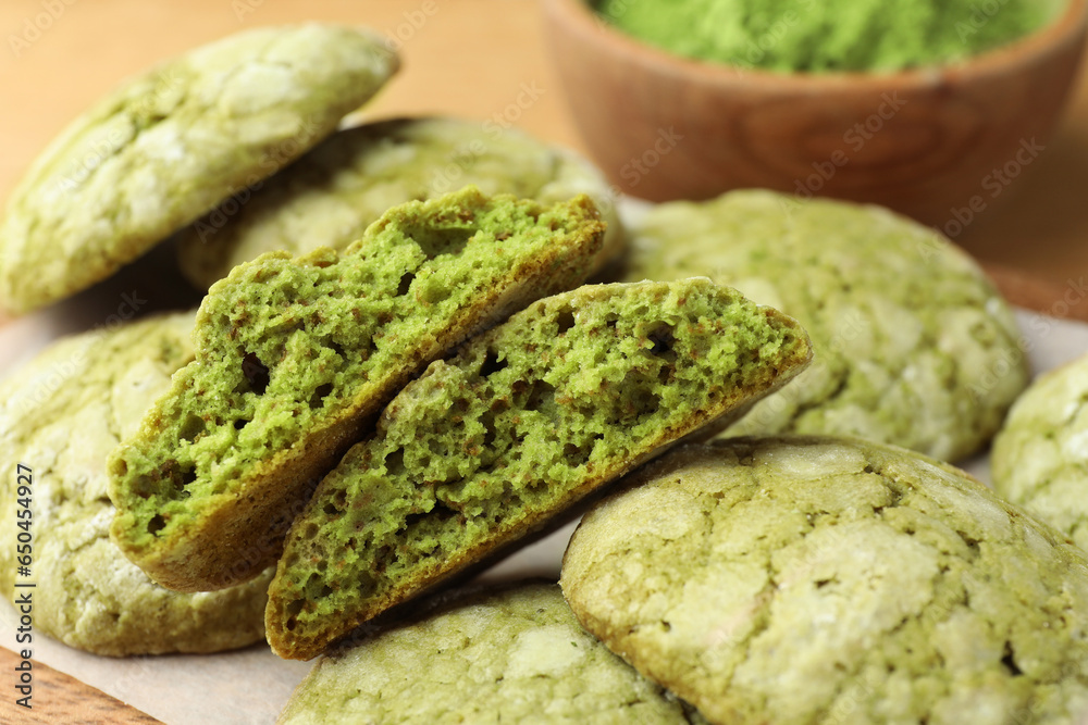 Tasty matcha cookies on table, closeup view Tasty matcha cookies on table, closeup view