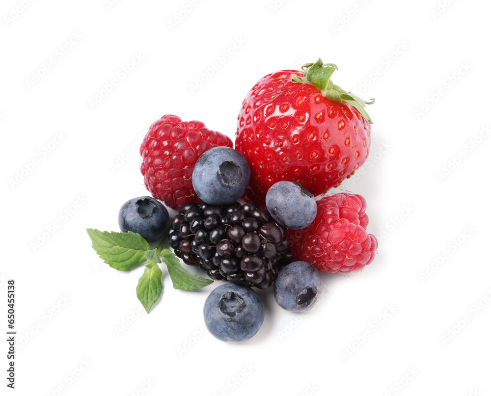 Many different ripe berries and mint leaves isolated on white Many different ripe berries and mint leaves isolated on white