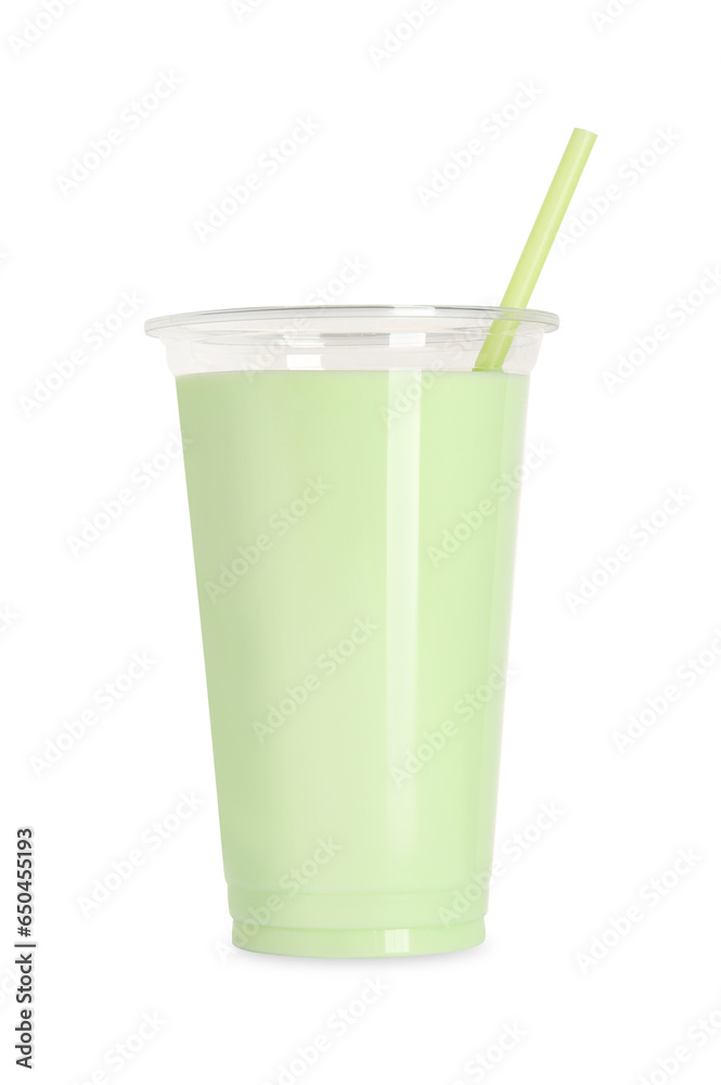 Delicious smoothie in plastic cup isolated on white Delicious smoothie in plastic cup isolated on white