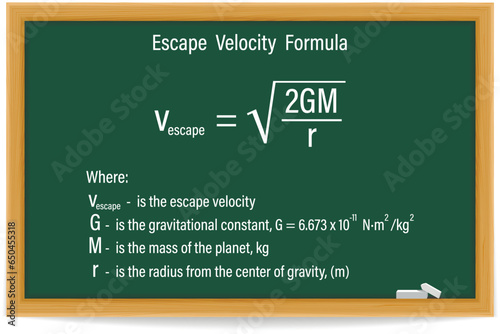 Escape Velocity Formula on a green chalkboard. Education. Science. Formula. Vector illustration.