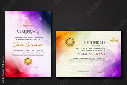Set modern certificate template with gradation colorful polygon shape ornament