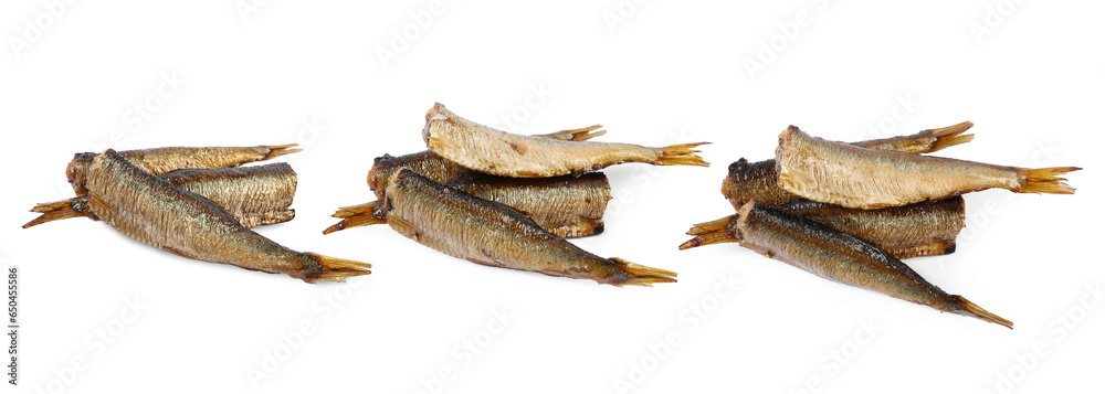 Fototapeta premium Set with smoked sprats isolated on white