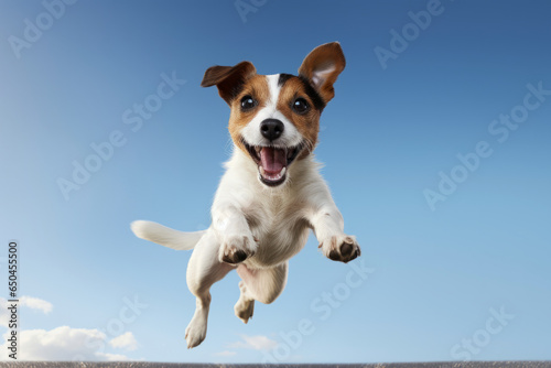 A happy Jack Russell Terrier dog jumping against the sky.generative ai