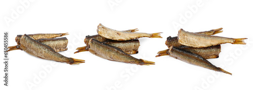 Set with smoked sprats isolated on white