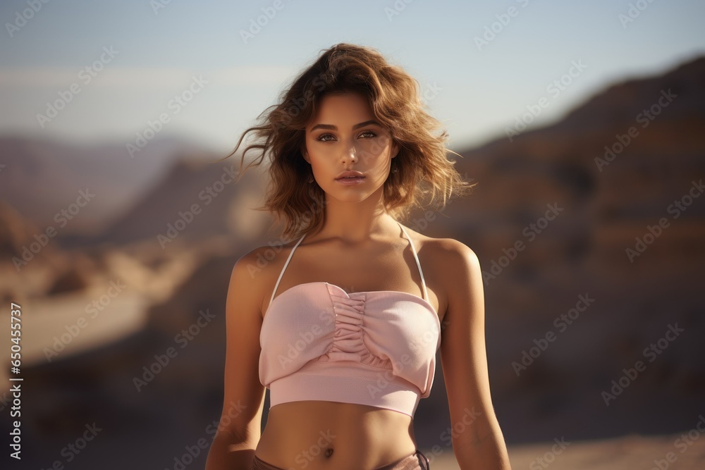 Beautiful Elegant Fictional Woman Model Standing on a Rock Beach in Casual Stylish Clothes. Generative AI.