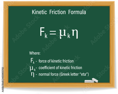 Kinetic Friction Formula on a green chalkboard. Education. Science. Formula. Vector illustration.