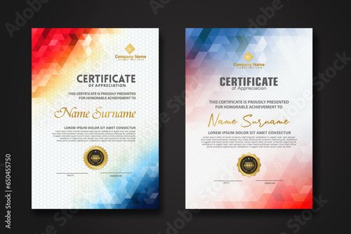 Set modern certificate template with gradation colorful polygon shape ornament