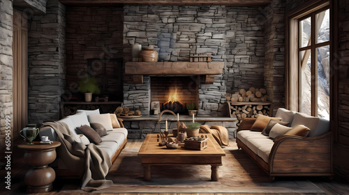 Rustic Living Room with Rough Wood and Natural Stone