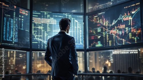 Well-dressed man is standing in front of a large stock chart screens and monitoring the market. Generative AI