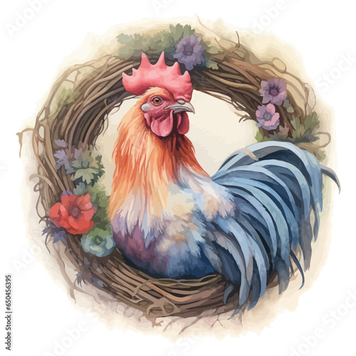 Cute rooster cartoon in watercolor painting style