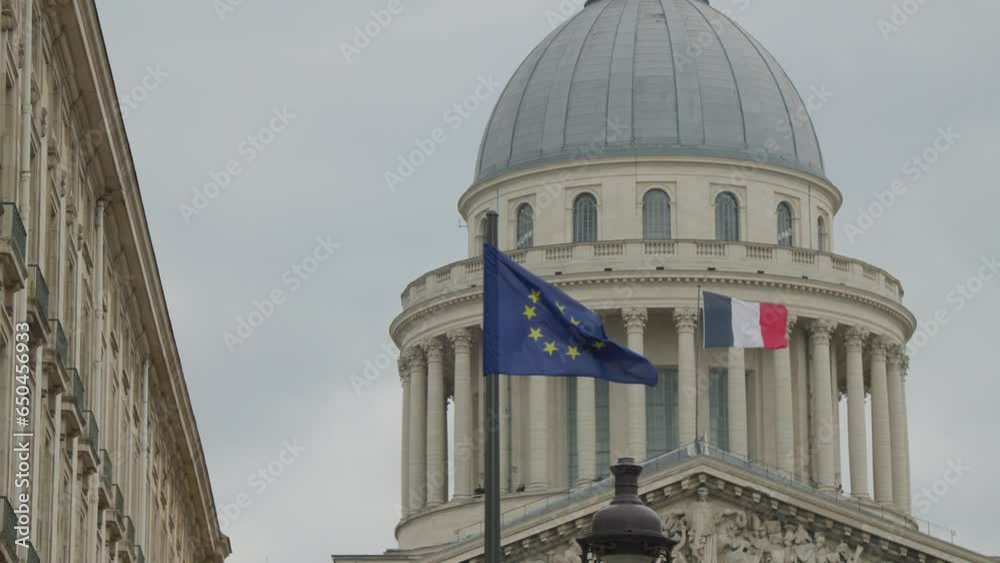 Pantheon in Paris with flags of European Union and France Pantheon in Paris with flags of European Union and France