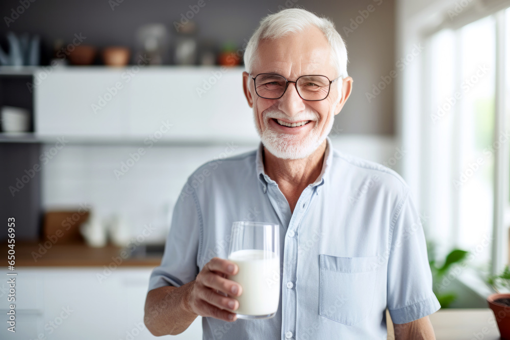 Portrait of an elderly man smiling with gray hair on his head and beard with glasses holding a glass with milk in his hand on the background of the kitchen.generative ai
 - obrazy, fototapety, plakaty 