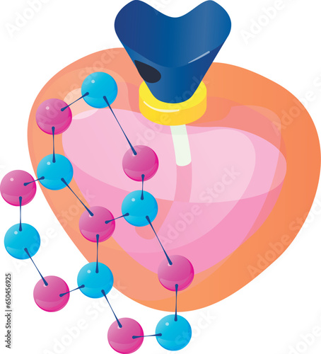 Perfume icon isometric vector. Shape heart bottle of perfume and molecule symbol. Parfum toilette, aroma, perfumery