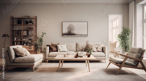 Scandinavian Living Room with Neutral Tones and Wooden Furniture