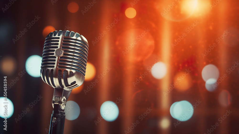 Close-up view of vintage microphone with blurred stage lights in the background. Close-up view of retro microphone on empty stage. - obrazy, fototapety, plakaty 