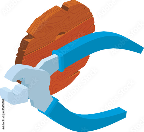 Electrical work icon isometric vector. Metal wire cutters and wooden board icon. Construction, repair, maintenance