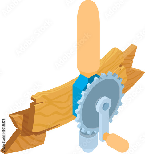 Repair equipment icon isometric vector. Old manual drill tool and wooden sign. Construction, repair, maintenance