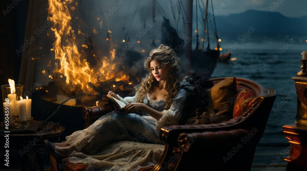 Woman in sofa reading, Background of sailing ship on the sea. Made with Generative AI.	
