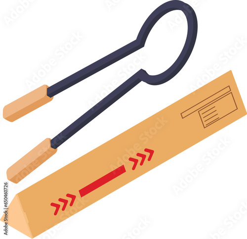 Professional equipment icon isometric vector. Clamping mites near postal parcel. Industrial equipment, postal delivery