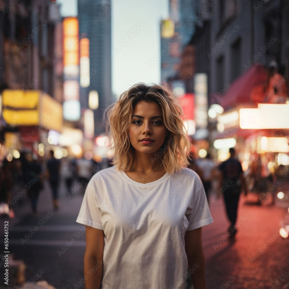 Portrait of female model with whit t-shirt in city Portrait of female model with whit t-shirt in city