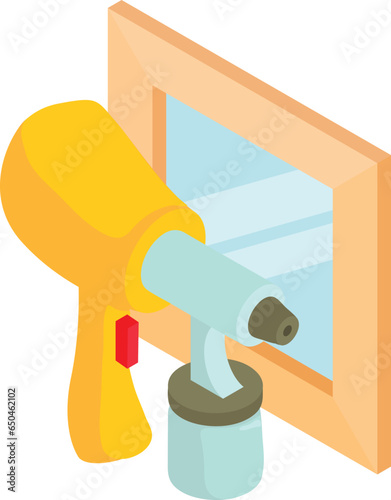 Painting equipment icon isometric vector. New yellow spray gun and square window. Industrial painting, repair work