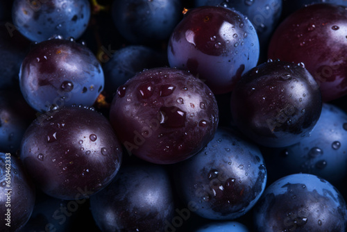 Ripe dark grapes close up wooden background macro shot